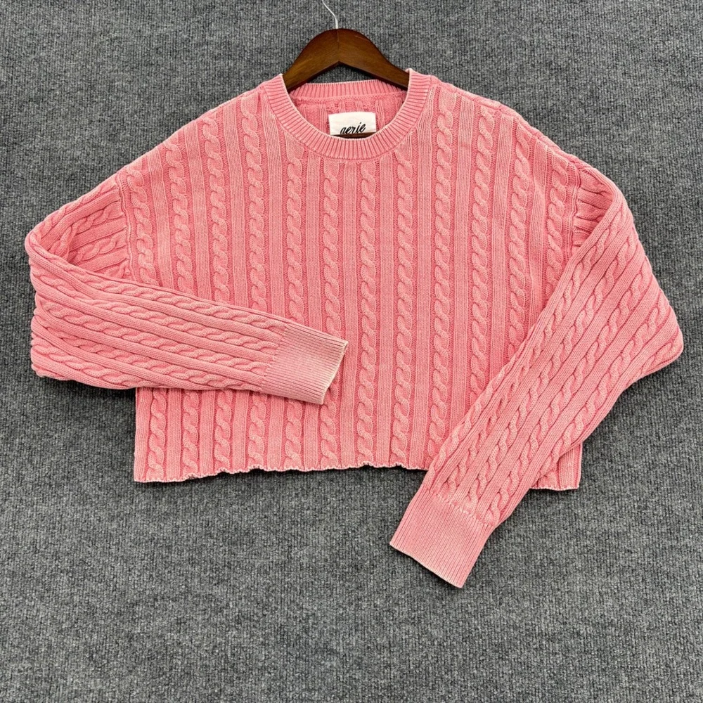 Aerie Cable Knit Sweater‎ Women XL Pink Cropped Distressed Preppy Fisherman